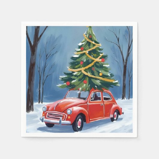 Antique Red Car Christmas Tree Holiday スタンダードカクテルナプキン (正面)