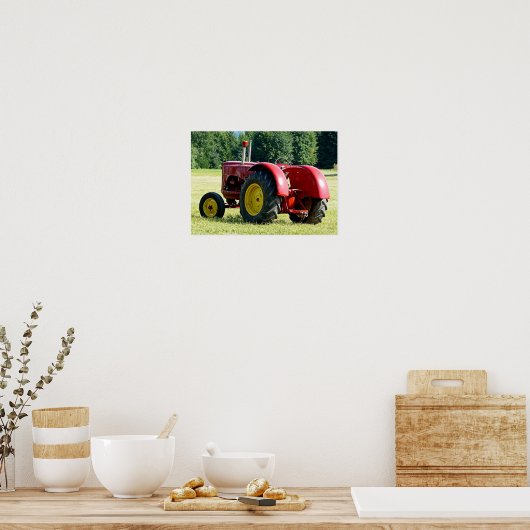 Antique Red Farm Tractor ポスター (キッチン)