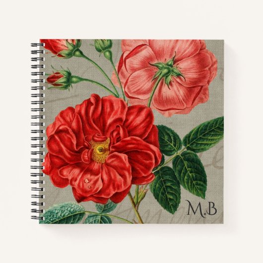 Antique Red Rose Art on Grey Monogram ノートブック (正面)