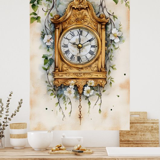 Antique Rococo-style clock, likely painted in wate ポスター (キッチン)