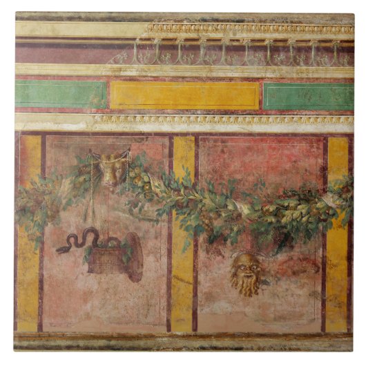 ANTIQUE ROMAN FRESCO,SATYR MASK,GARLAND,FRUITS  タイル (正面)