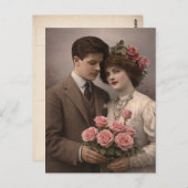 Antique Romantic Couple Postcard with Roses  ポストカード (正面/裏面)
