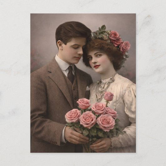 Antique Romantic Couple Postcard with Roses  ポストカード (正面)