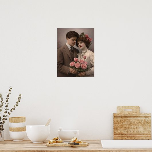 Antique Romantic Couple with Roses Poster ポスター (キッチン)