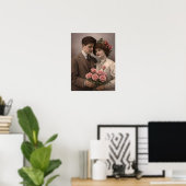 Antique Romantic Couple with Roses Poster ポスター (ホームオフィス)