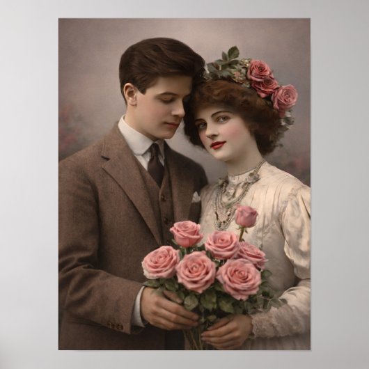 Antique Romantic Couple with Roses Poster ポスター (正面)