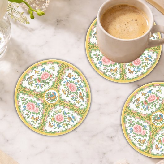 Antique Rose Yellow & Pink Floral Sandstone  コースター