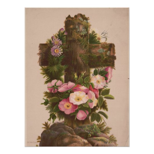 Antique Rustic Cross, Wild Roses, Easter Card, ポスター (正面)