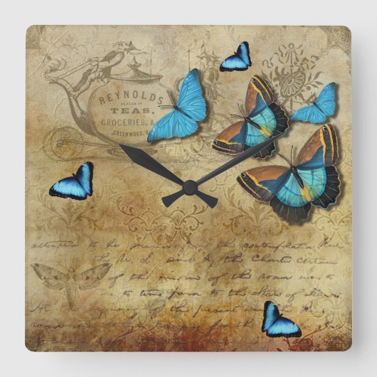 Antique Rustic Decoupage N Blue Butterflies スクエア壁時計 (正面)