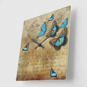 Antique Rustic Decoupage N Blue Butterflies スクエア壁時計 (傾斜)
