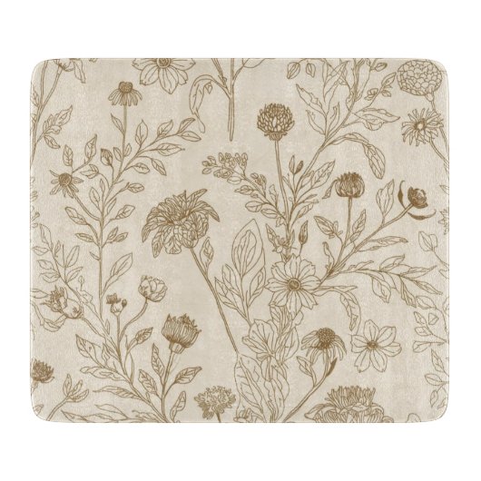 Antique Sepia Botanical Line Art Floral Pattern カッティングボード (正面)