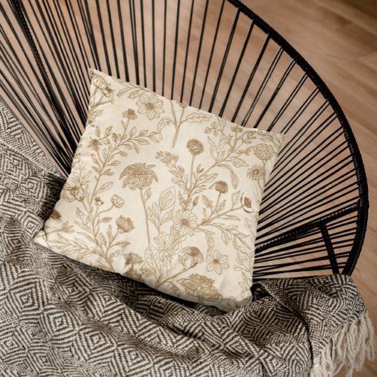 Antique Sepia Botanical Line Art Floral Pattern クッション