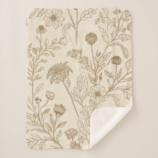 Antique Sepia Botanical Line Art Floral Pattern シェルパブランケット (正面)