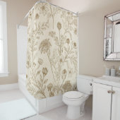 Antique Sepia Botanical Line Art Floral Pattern シャワーカーテン (インサイチュ)