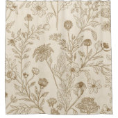 Antique Sepia Botanical Line Art Floral Pattern シャワーカーテン (正面)