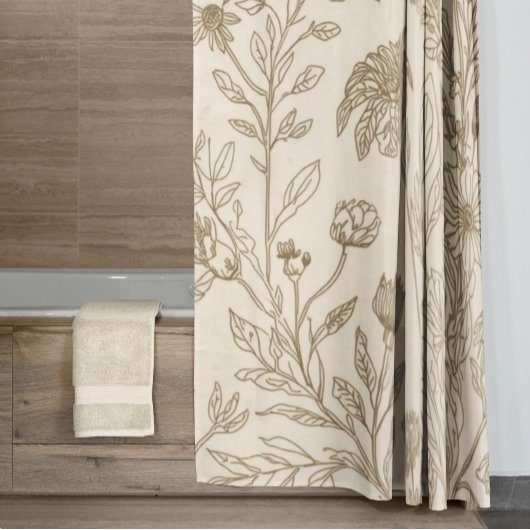 Antique Sepia Botanical Line Art Floral Pattern シャワーカーテン