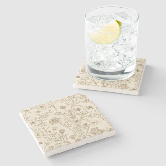 Antique Sepia Botanical Line Art Floral Pattern ストーンコースター (横)