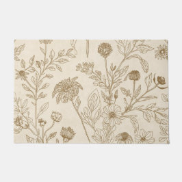 Antique Sepia Botanical Line Art Floral Pattern ドアマット