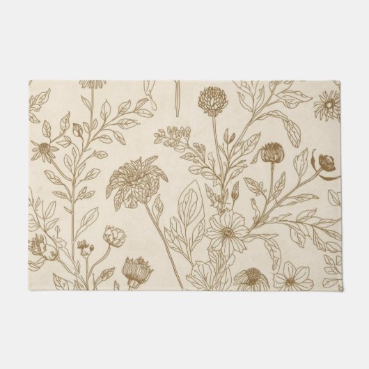 Antique Sepia Botanical Line Art Floral Pattern ドアマット (正面)