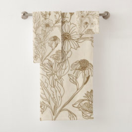 Antique Sepia Botanical Line Art Floral Pattern バスタオルセット