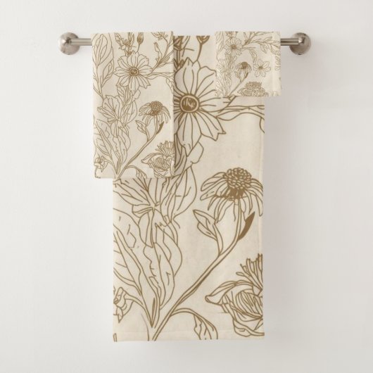 Antique Sepia Botanical Line Art Floral Pattern バスタオルセット (インサイチュ)