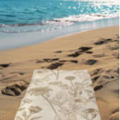 Antique Sepia Botanical Line Art Floral Pattern ビーチタオル