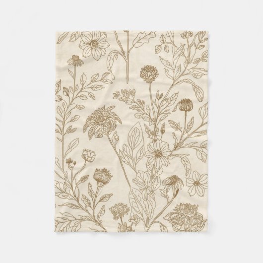 Antique Sepia Botanical Line Art Floral Pattern フリースブランケット (正面)