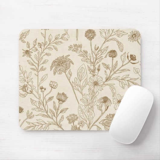 Antique Sepia Botanical Line Art Floral Pattern マウスパッド (マウス)