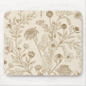 Antique Sepia Botanical Line Art Floral Pattern マウスパッド (正面)