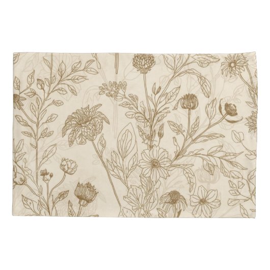 Antique Sepia Botanical Line Art Floral Pattern 枕カバー (裏面)
