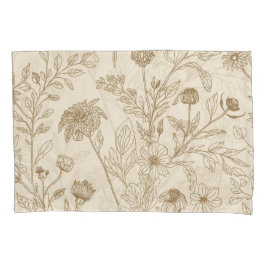 Antique Sepia Botanical Line Art Floral Pattern 枕カバー