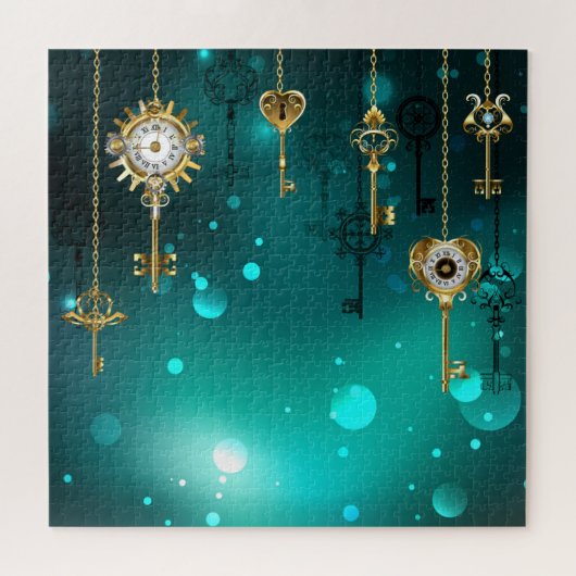 Antique Skeleton Keys on Green Background ジグソーパズル (横)