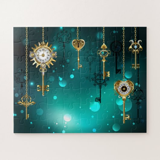 Antique Skeleton Keys on Green Background ジグソーパズル (横)