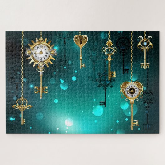 Antique Skeleton Keys on Green Background ジグソーパズル (横)
