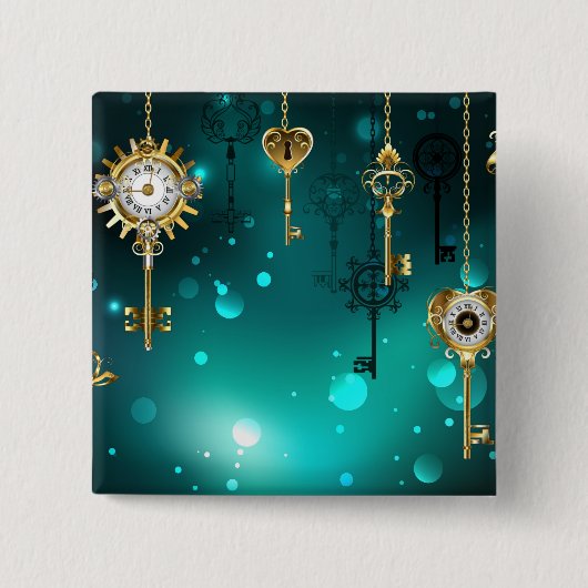 Antique Skeleton Keys on Green Background 缶バッジ (正面)