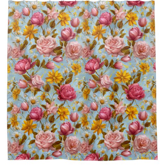 Antique Style Floral Print シャワーカーテン (正面)