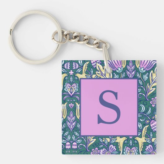 Antique Style Flowers and Birds Pattern Monogram キーホルダー (正面)