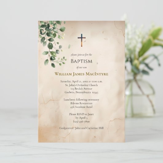 Antique Style Parchment Greenery Baptism 招待状 (スタンド正面)