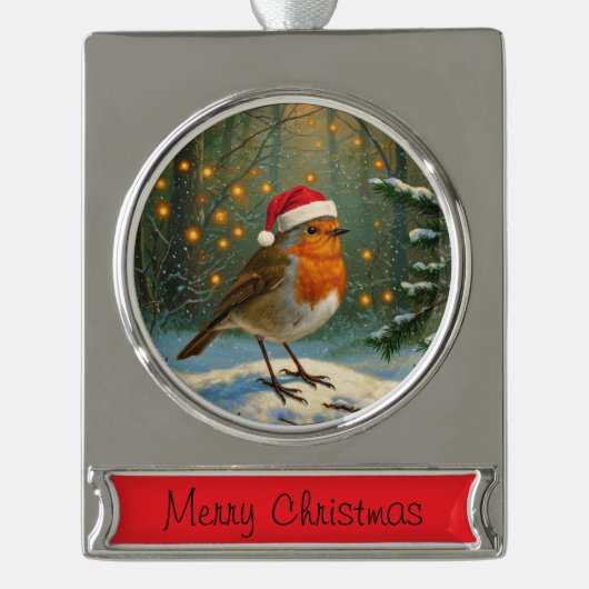 Antique Style Woodland Robin Christmas Ornament シルバープレートバナーオーナメント (正面)