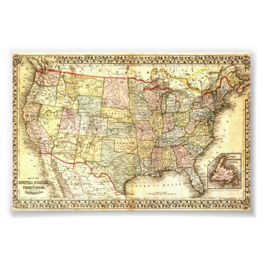 Antique United States Vintage Map Illustration フォトプリント (正面)