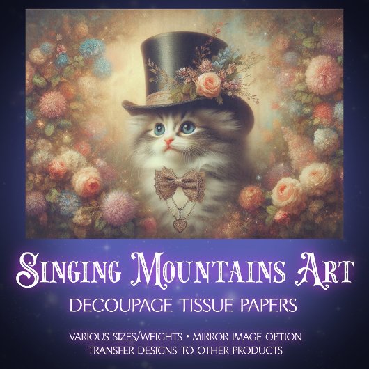 Antique Victorian Floral Cat Decoupage  薄葉紙