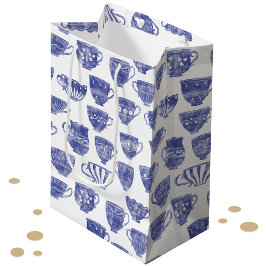 Antique Vintage Blue Teacup Watercolor ミディアムペーパーバッグ