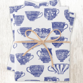 Antique Vintage Blue Teacup Watercolor ラッピングペーパーシート