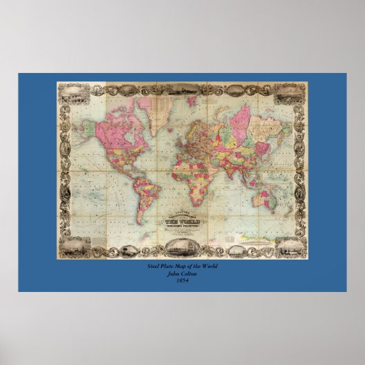 Antique World Map by John Colton, circa 1854 ポスター (正面)