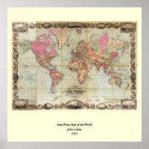 Antique World Map by John Colton, circa 1854 ポスター