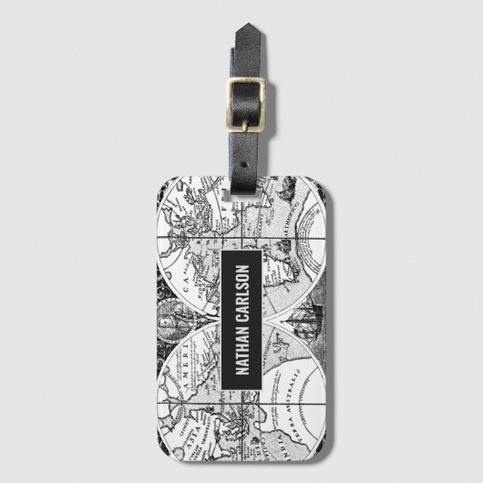 Antique World Map Line Art Personalised ラゲッジタグ (正面縦)