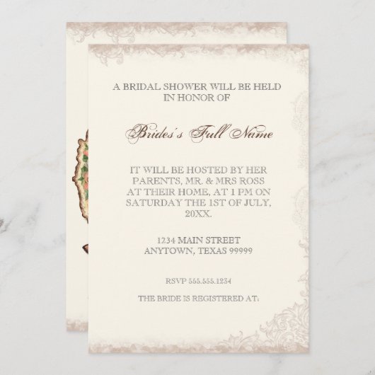 Antiquedビクトリア時代の人のばら色のブライダルシャワーの招待状 招待状 (正面/裏面)