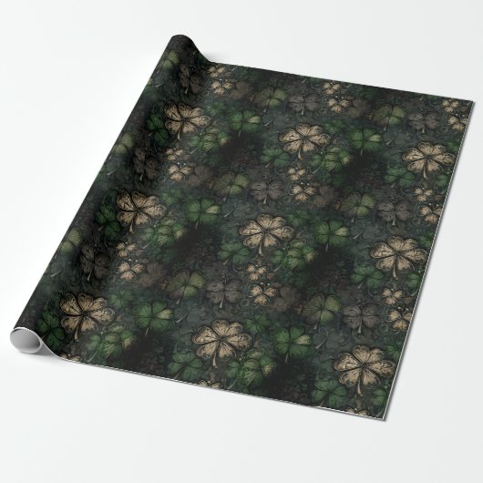 Antiqued Clover Damask Texture St. Patrick's Day ラッピングペーパー (アンロールド)