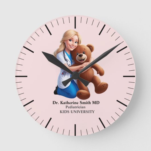 antistress pediatrician teddy bear pink university ラウンド壁時計 (正面)