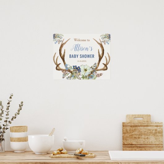 Antler boho rustic baby shower welcome sign ポスター (キッチン)
